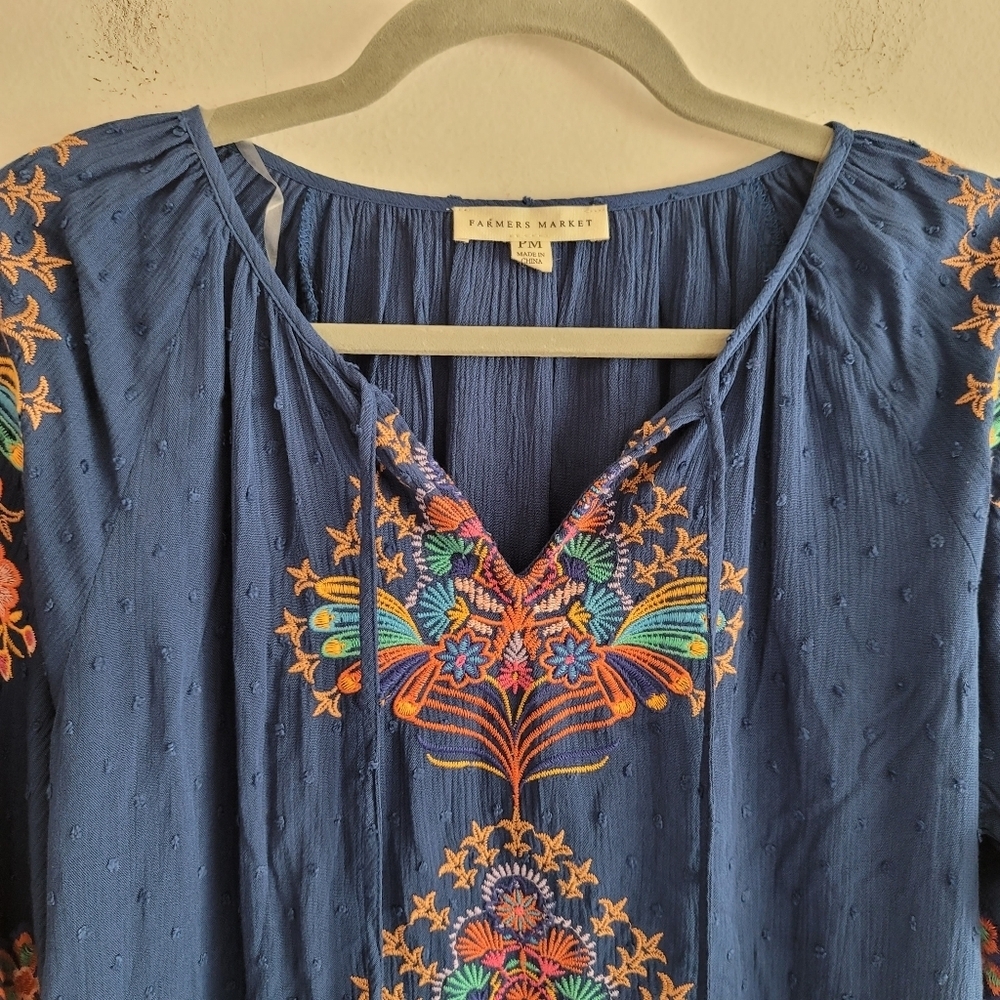 NEW Embroidered Floral V-Neck Balloon Sleeve Shirt Blue Swiss Dot Boho Hippie - Picture 4 of 11